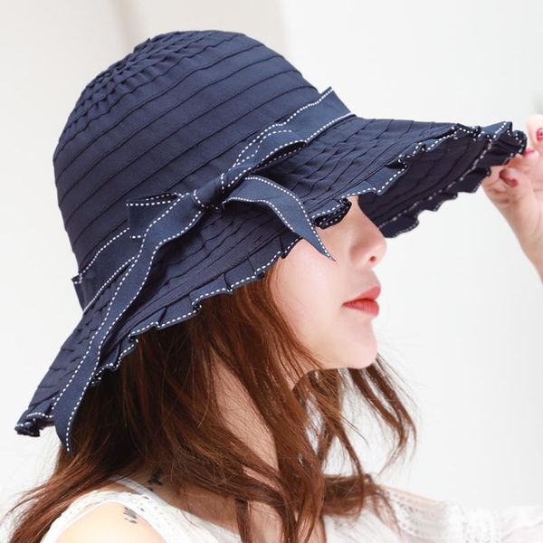 

wide brim hats fashion brand folds cloth stripes ladies bow cute sun for women summer beach hat vacation shade uv protection travel sunhat, Blue;gray