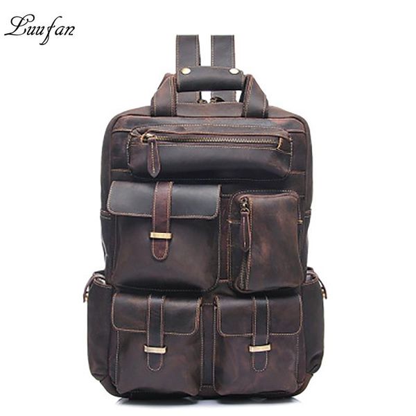 

backpack men's crazy horse leather fit 17" lapbrown genuine travel bag large vintage cowhide weekend fast post