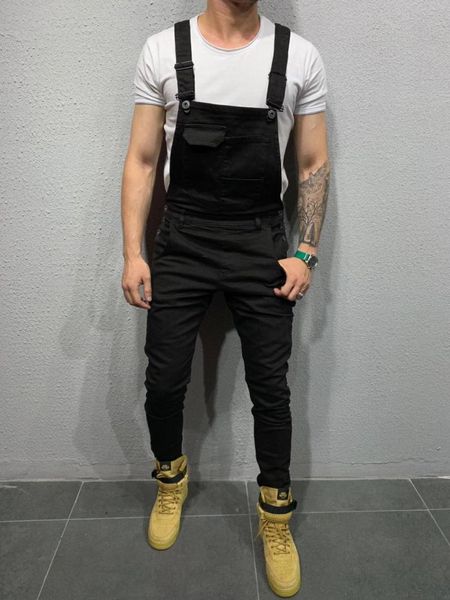 

men's jeans denim strappy pants slimmed trousers europe and america men solid color casual overalls button, Blue