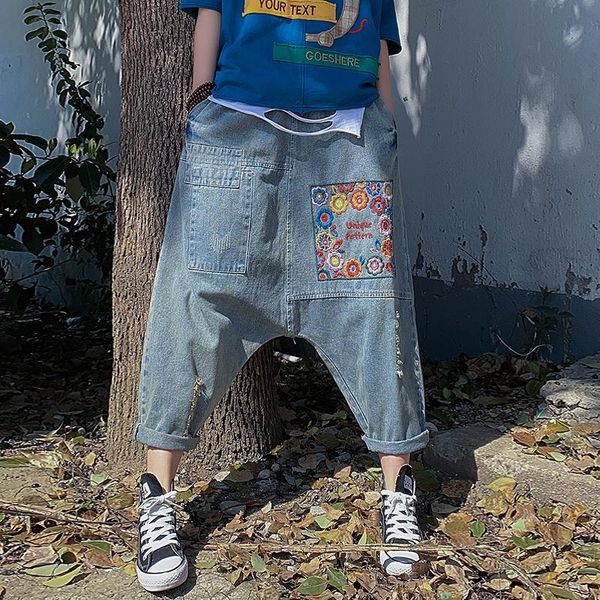 

women's jeans elastic waist plus size embroidery denim baggy pants for woman loose casual hip hop harem spring ladies drop crotch, Blue