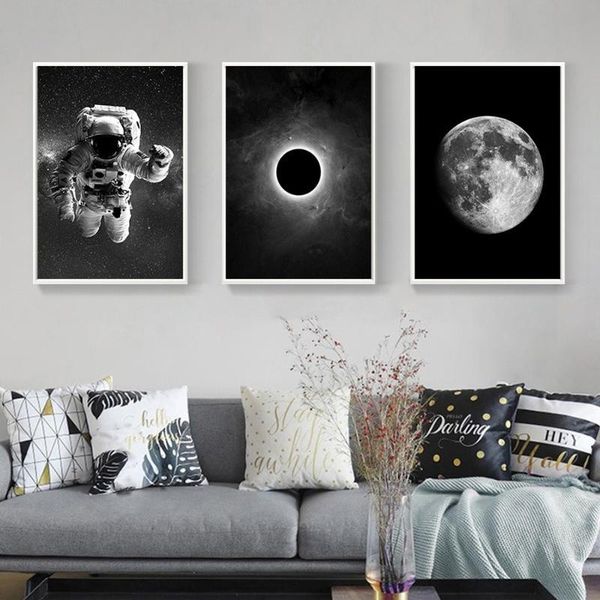 

paintings black and white classic astronaut canvas painting space moon r eclipse poster wall art pictures for bedroom home decor