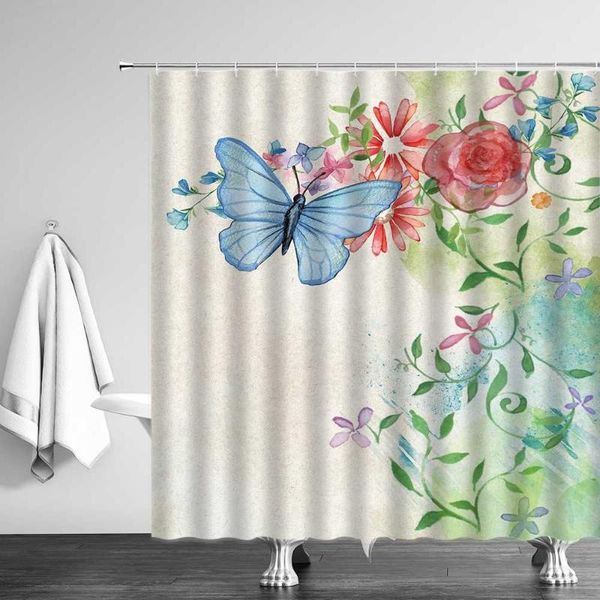 

curtain & drapes roses butterfly flower white shower curtains printed floral leaf waterproof polyester bathroom fabric for bathtub decor