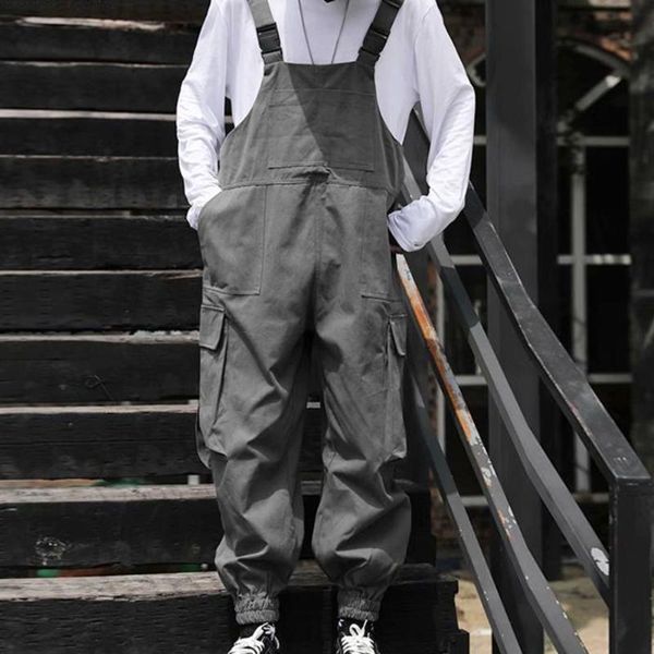 

men's pants men jumpsuits solid color loose streetwear fashion bib multi-pockets susperders 2021 casual cargo overalls, Black