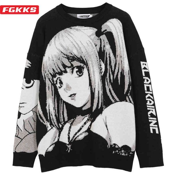 

fgkks 2021 men's hip hop vintage japane anime girl knitted cotton pullover harajuku streetwear sweater male, Black
