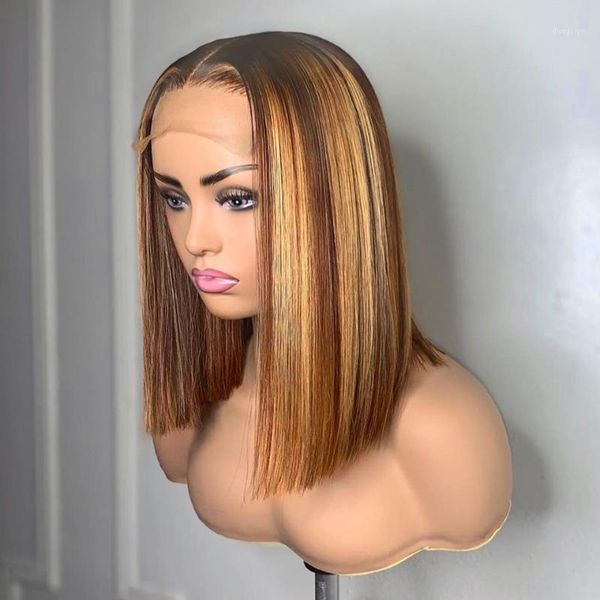 

#4/27 highligh ombre bob wig straight 4*4 lace closure human hair wigs for women colored glueless wig1, Black;brown