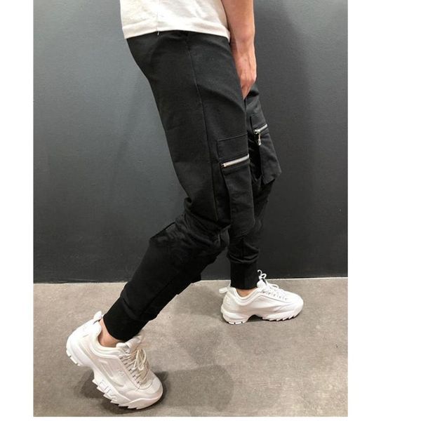 

men's pants side pockets harem 2021 autumn hip hop casual zipper design male joggers trousers fashion streetwear pant black