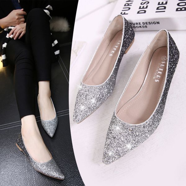 

dress shoes silver mixed color flats wedding women shine slip on ballerina shallow loafers elegant bridesmaid ballet plus size45 7xt8, Black