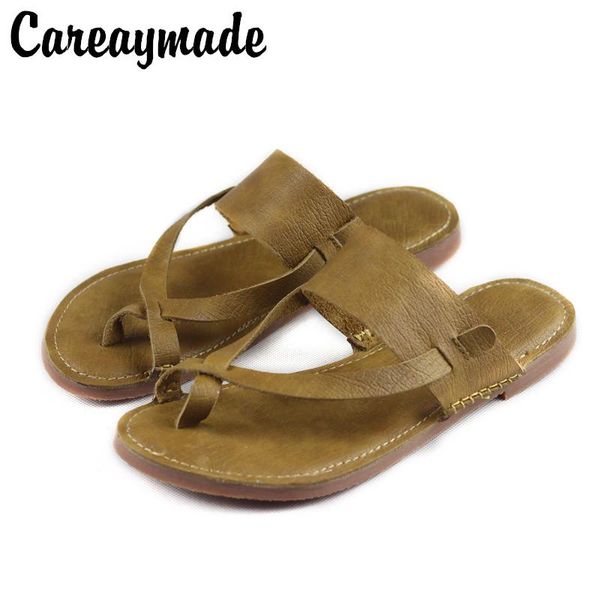 

slippers careaymade-genuine leather shoes style summer retro-vintage flat-soled cowhide sandals women's tie angle literary, Black