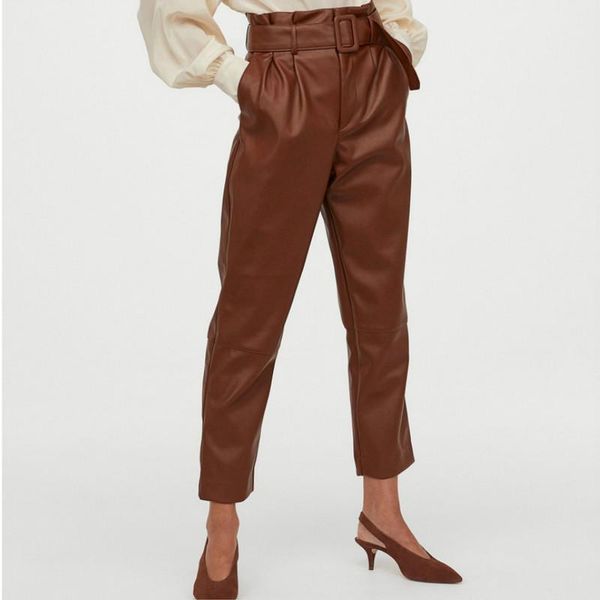 

women high waisted 2021 vintage pu leather harem pants loose faux trousers with pocket belt elegant all-match streetwear women's & capr, Black;white