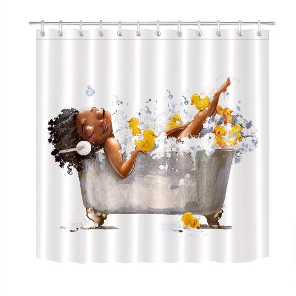 

young african woman in bath with duck toys shower curtains waterproof custom bathroom curtain fabric for kids bathtub