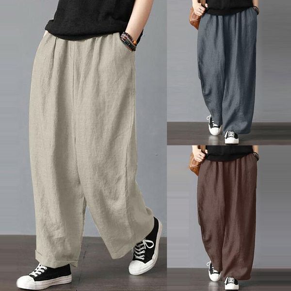 

women's pants & capris women casual wide leg solid color vintage cotton linen comfortable elastic pockets loose office lady straight tr, Black;white
