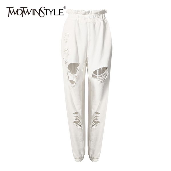 

twotwinstyle streetwear patchwork hole tassel pants for women high waist hollow out casual trousers female fall fashion new 210319, Black;white