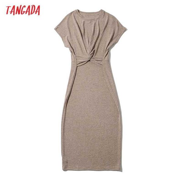 

tangada fashion women solid elegant bow knit dress short sleeve o neck ladies midi dress 2lk16 210609, Black;gray