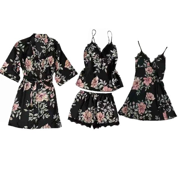 

summer women pajamas sets 4 pieces satin sleepwear pijama sleeveless vest & shorts & bathrobe lace silk nightwear pyjama, Black;red
