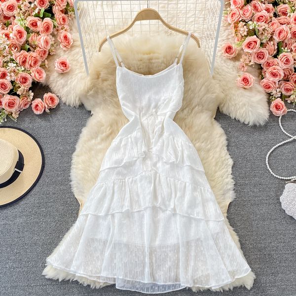 

summer women white spaghetti strap midi dress female casual vacation beach ruffle party vestidos elegant open back robe new, Black;gray