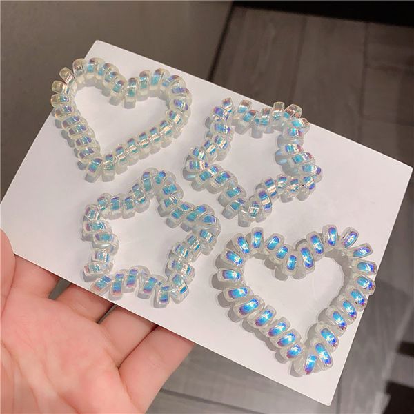

telephone wire cord coil hair tie band rubber ring rope heart butterfly shape woman elastic stretchy girl holder bracelet accessory ponytail, Slivery;white