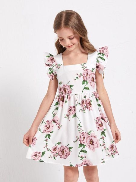 

girls floral print ruffle sleeve flare dress she, Red;yellow