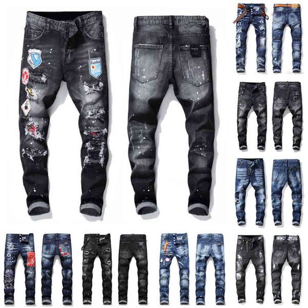 

21ss Mens Bae Rips Stretch Digner Jeans Distrsed Ripped Biker Slim Fit Washed Motorcycle Denim Men s Hip Hop Fashion, Blue