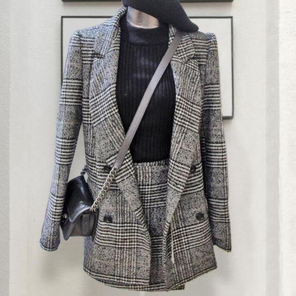 

two piece dress plaid office lady jacket skirt sets elegant formal warm coat with suit winter autumn women's 44cc, White