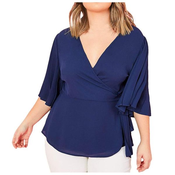 

summer women shirt plus size solid chiffon belt v-neck loose flare sleeve blouse products shirt#g30 women's swimwear, White;black