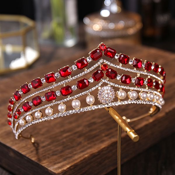 

vintage red rhinestone bridal tiara fashion golden diadem for women gifts wedding dress hair jewelry princess crown accessoriesdio chan cont, Golden;white