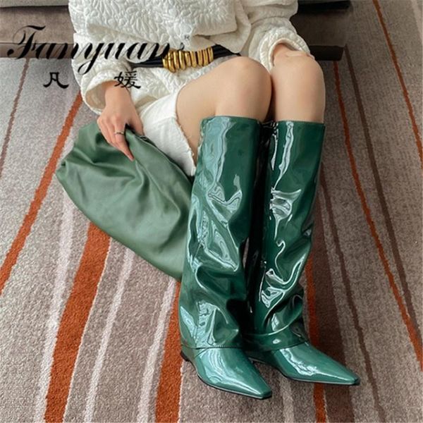 

boots fanyuan fashion concise women knee-high genuine leather autumn winter wedges heels side zipper shoes woman 2021, Black