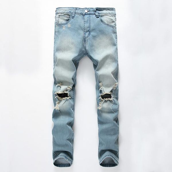 

men's jeans skinny slim straight frayed denim over the knee pants large size ripped motorcycle, Blue