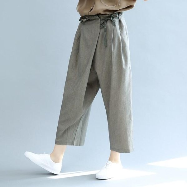 

women's pants & capris 2021 summer lace up solid wide leg elastic waist pocket ankle-length trousers cotton linen loose, Black;white