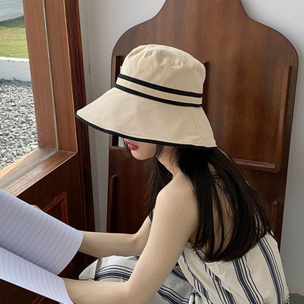 

wide brim hats outdoor big striped fisherman hat summer vintage solid color cotton bucket for women bob casual design panama 2021, Blue;gray
