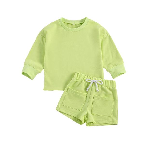 

little boy girl's 2 pcs solid color set long sleeve crew neck and short pants with pocket drawstring kids clothing sets, White