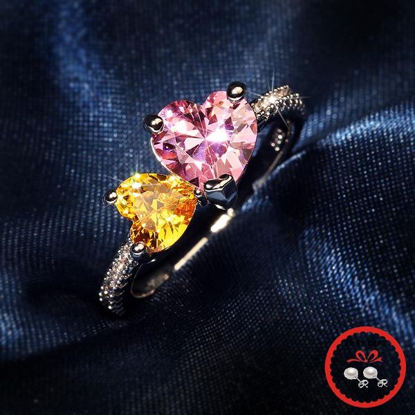 

cluster rings elegant 925 silver jewelry double heart shape zircon gemstone finger ring for women wedding engagement promise ornaments, Golden;silver