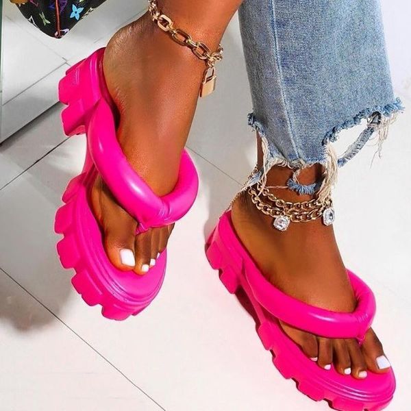 

slippers summer women fashion trend design flip flops solid pu leather platform wedge heel non slip thick sole ladies 2021, Black