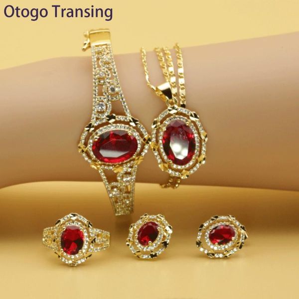 

earrings & necklace otogo transing 2021 round red cubic zirconia gold color jewelry sets for women earring pendant ring bracelet set202, Silver
