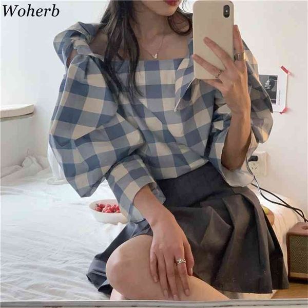 

shirts women's clothing chic casual summer plaid blouse lace up o neck puff sleeve blusas korean women loose 210519, White