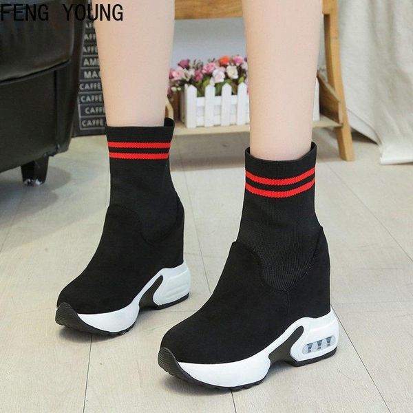 

boots knit elastic cloth patchwork sock ankle women 2021 autumn fashion platform short woman chunky shoes, Black