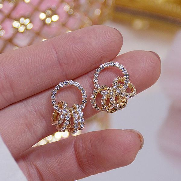 

stud korea sweet cute round crystal earrings temperament geometric shiny zircon for women statement wedding jewelry gift, Golden;silver