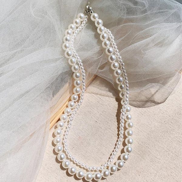 

chains punki 2021 retro pearl necklace temperament wild double beaded clavicle chain accessories female party, Silver