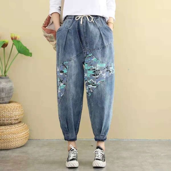 

women's jeans 2021 summer women loose casual vintga print patchwork cotton denim harem pants elastic waist ankle-length w275 4dmz, Blue