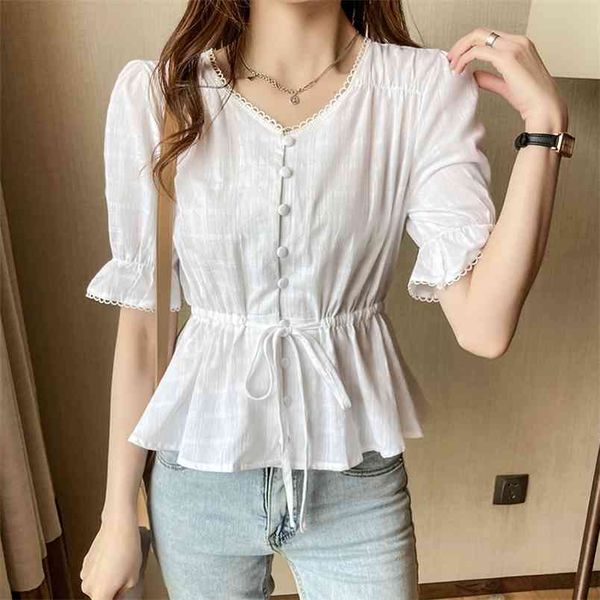 

women's white sweet wind chiffon shirt female loose draw back shirts lady simple style 210507