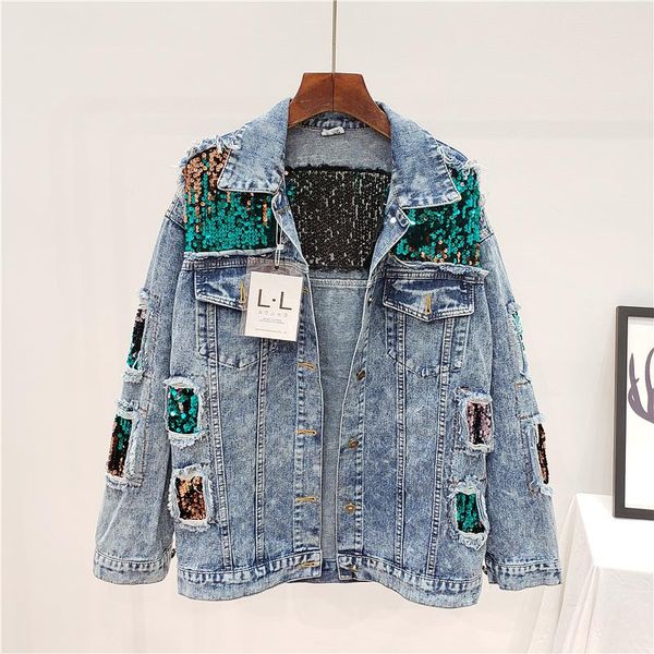 

women's jackets autumn fashion heavy industry sequins holes denim jacket women outerwear korean loose jeans coat female streetwear, Black;brown