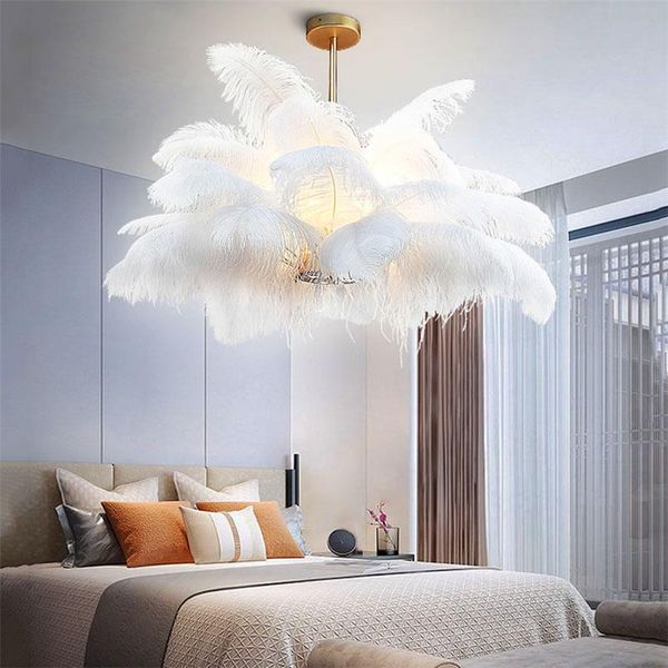 

pendant lamps nordic retro loft golden pipe erected lights natural ostrich feather lamp bedroom living room hanging