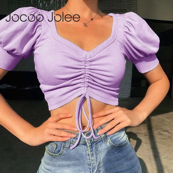 

jocoo jolee women summer elegant knit pleated short deep v neck drawstring puff sleeve party club solid shirt 210619, White