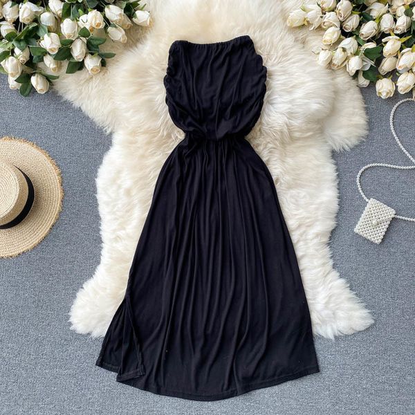 

summer women beach style elegant sleeveless long dress ladies strapless solid high waist robe 210513, Black;gray