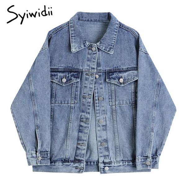 

women's jackets syiwidii jean jacket women denim coat fall winter 2021 fashion loose oversized blue button up cardigan, Black;brown