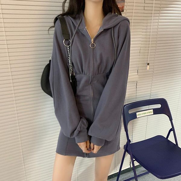 

fashion women dress solid long sleeve hoody slim v-neck high waist streetwear grils autumn zipper bodycon casual dresses, Black;gray