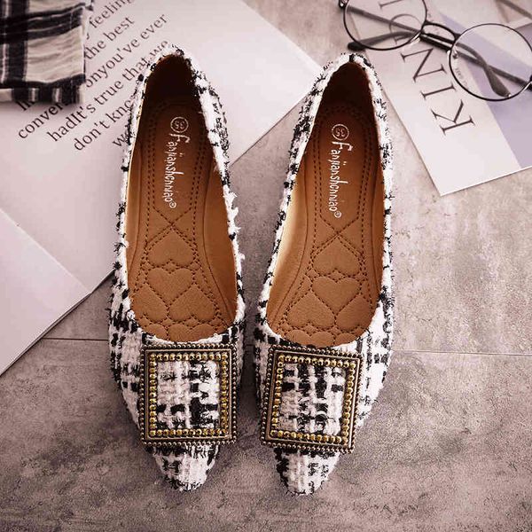 

dress shoes mixed color ladies office flats cloth patchwork metal buckle woman ballets comfy plaid single moccasins tcvv, Black