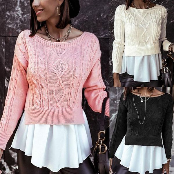 

women's sweaters fashion o neck split knitted pullovers sweater autumn winter casual long sleeve ruffle patchwork elegant ladies, White;black