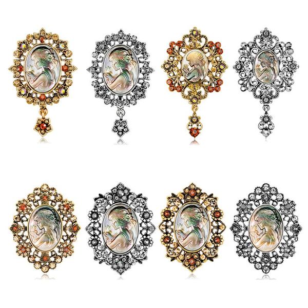 

pins, brooches rhinestone trendy brooch pins painting hollow out flower vintage style cameo beauty head, Gray