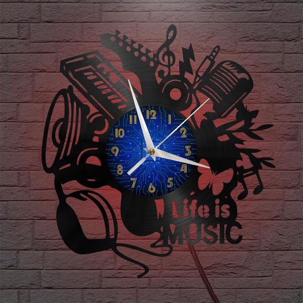 

wall clocks life is music modern design home decor creativity 12 inch record clock led decoration gift for girlfriend