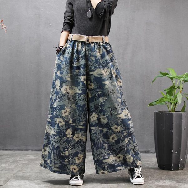 

women's jeans autumn vintage woman 2021 nation style elastic high waist floral print washed wide leg denim pants trousers, Blue